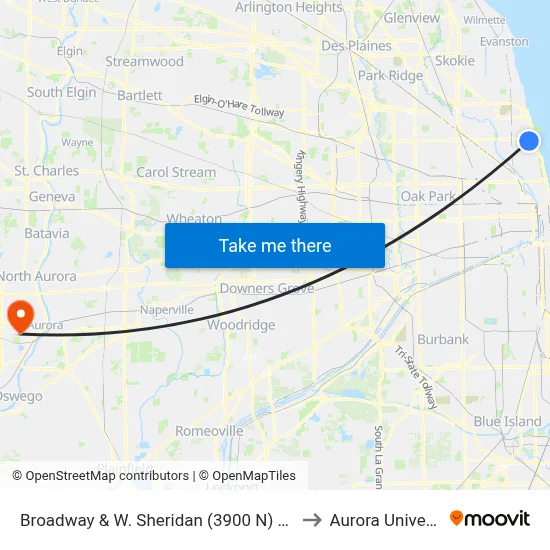 Broadway & W. Sheridan (3900 N) (South) to Aurora University map