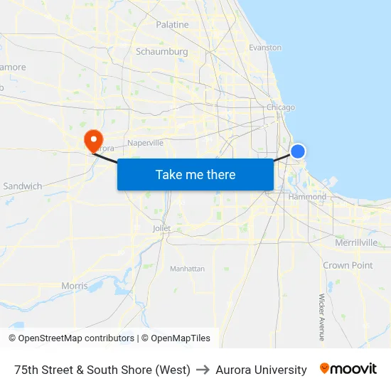 75th Street & South Shore (West) to Aurora University map