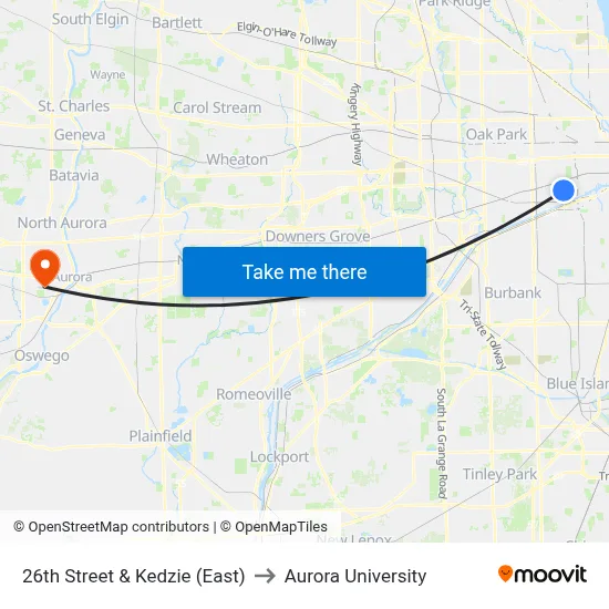 26th Street & Kedzie (East) to Aurora University map