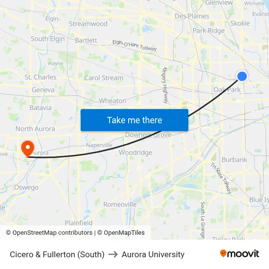 Cicero & Fullerton (South) to Aurora University map