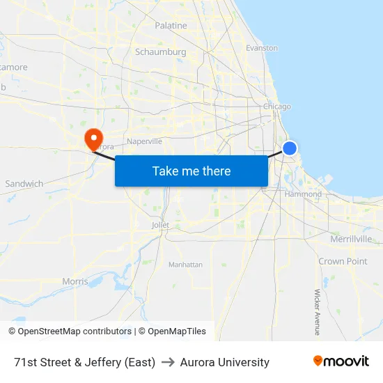 71st Street & Jeffery (East) to Aurora University map
