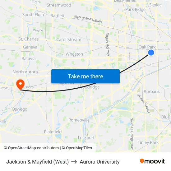 Jackson & Mayfield (West) to Aurora University map