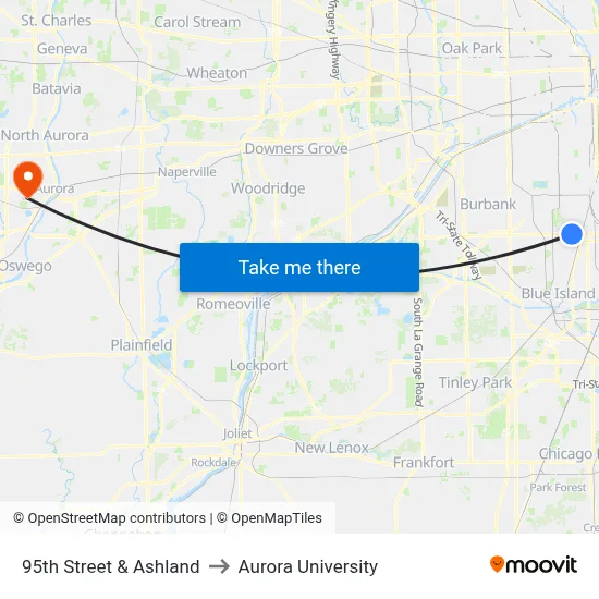 95th Street & Ashland to Aurora University map