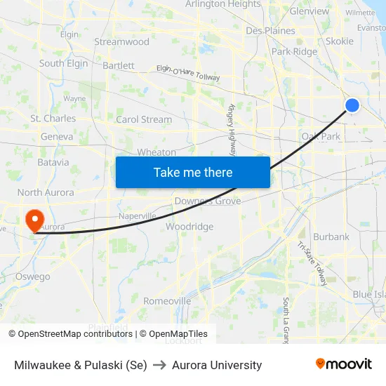 Milwaukee & Pulaski (Se) to Aurora University map