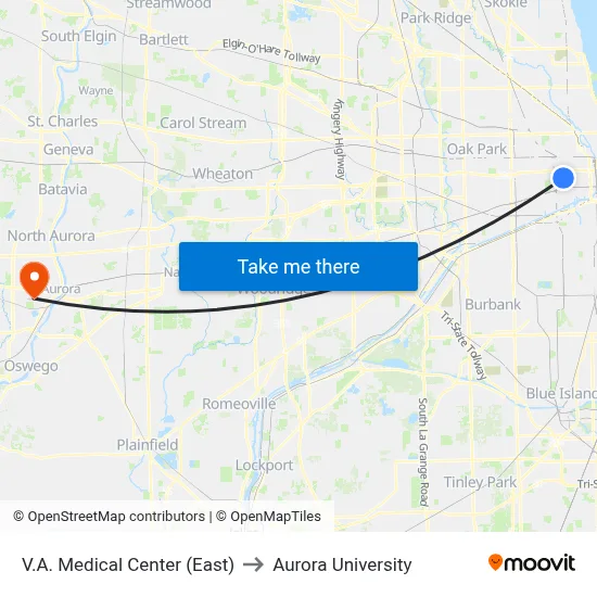 V.A. Medical Center (East) to Aurora University map