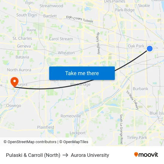 Pulaski & Carroll (North) to Aurora University map