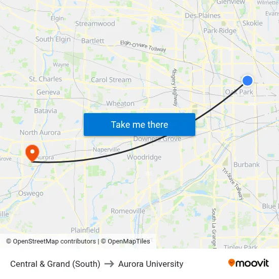 Central & Grand (South) to Aurora University map