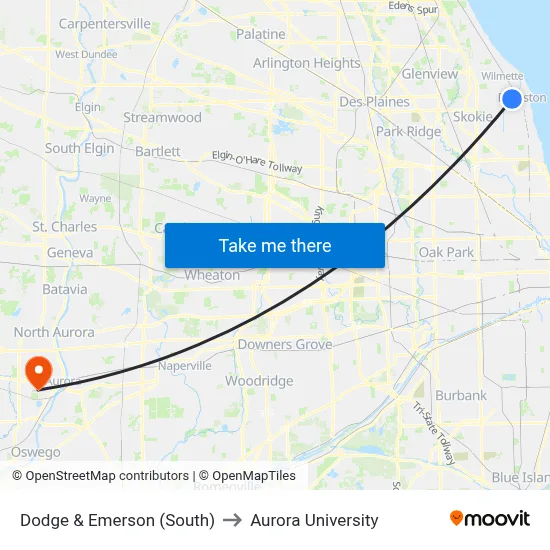 Dodge & Emerson (South) to Aurora University map
