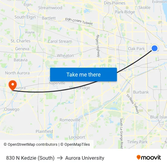 830 N Kedzie (South) to Aurora University map