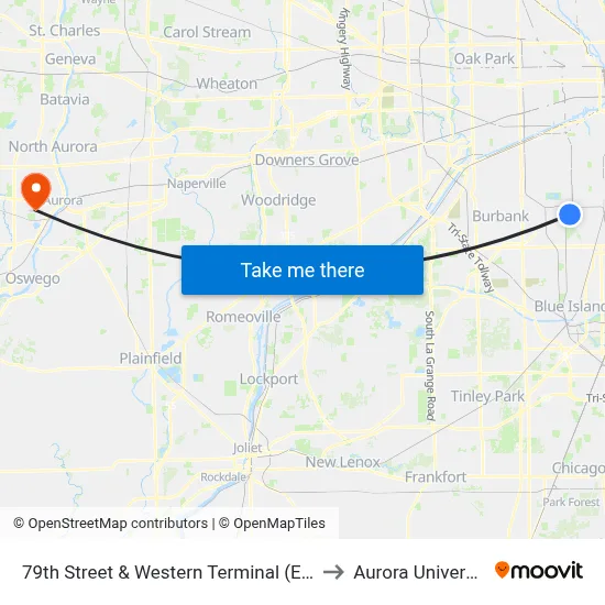 79th Street & Western Terminal (East) to Aurora University map