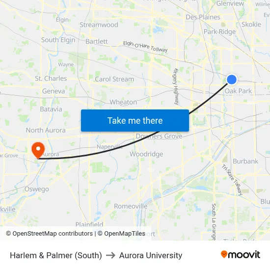 Harlem & Palmer (South) to Aurora University map
