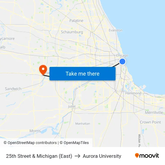 25th Street & Michigan (East) to Aurora University map