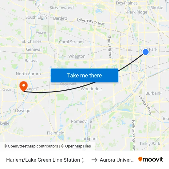Harlem/Lake Green Line Station (West) to Aurora University map