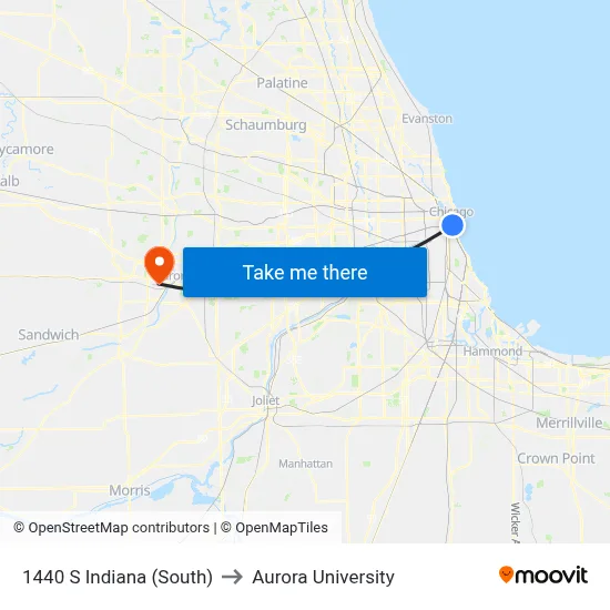 1440 S Indiana (South) to Aurora University map