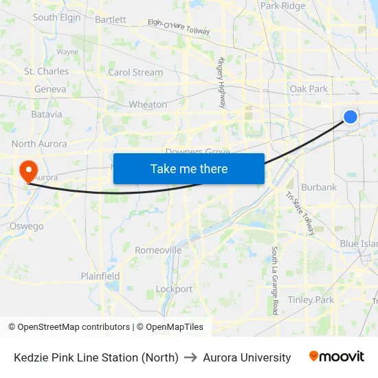 Kedzie Pink Line Station (North) to Aurora University map