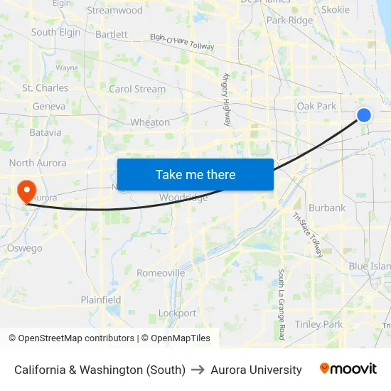 California & Washington (South) to Aurora University map