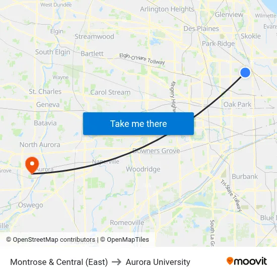 Montrose & Central (East) to Aurora University map