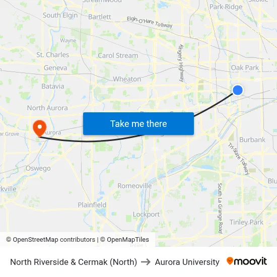 North Riverside & Cermak (North) to Aurora University map