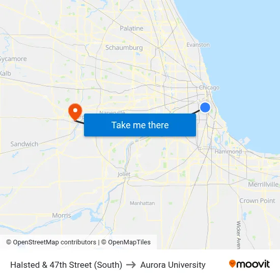 Halsted & 47th Street (South) to Aurora University map