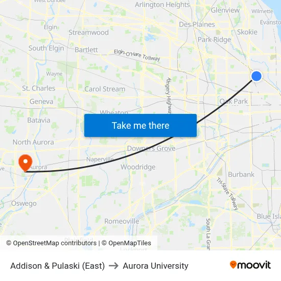 Addison & Pulaski (East) to Aurora University map