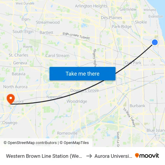 Western Brown Line Station (West) to Aurora University map