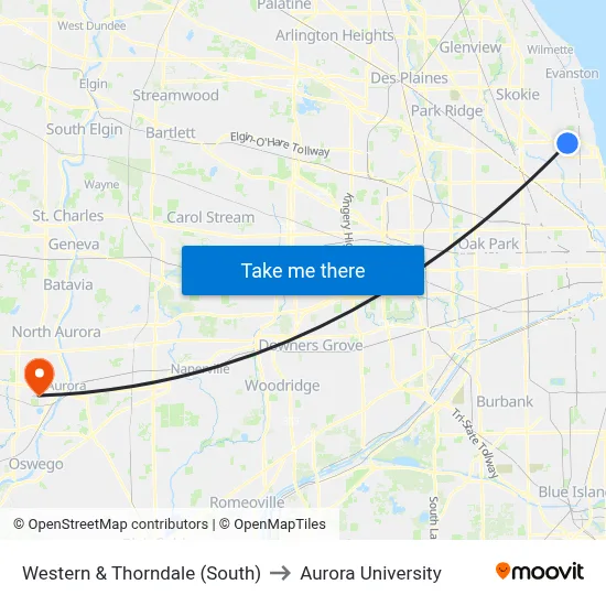Western & Thorndale (South) to Aurora University map