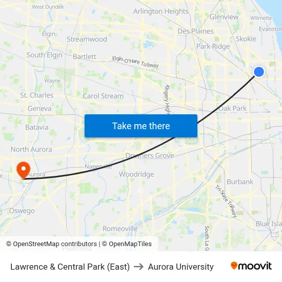 Lawrence & Central Park (East) to Aurora University map