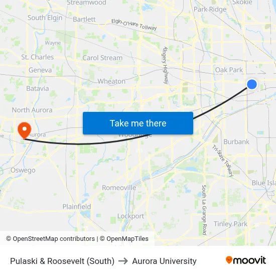 Pulaski & Roosevelt (South) to Aurora University map