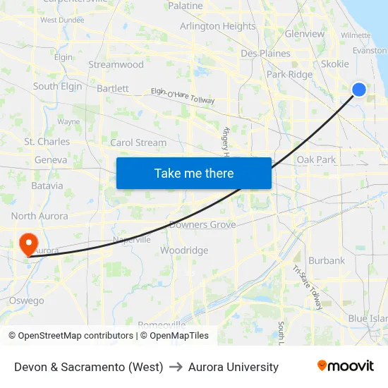 Devon & Sacramento (West) to Aurora University map