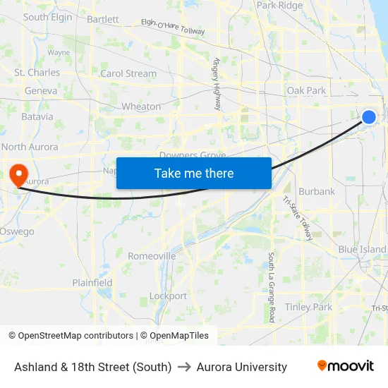 Ashland & 18th Street (South) to Aurora University map