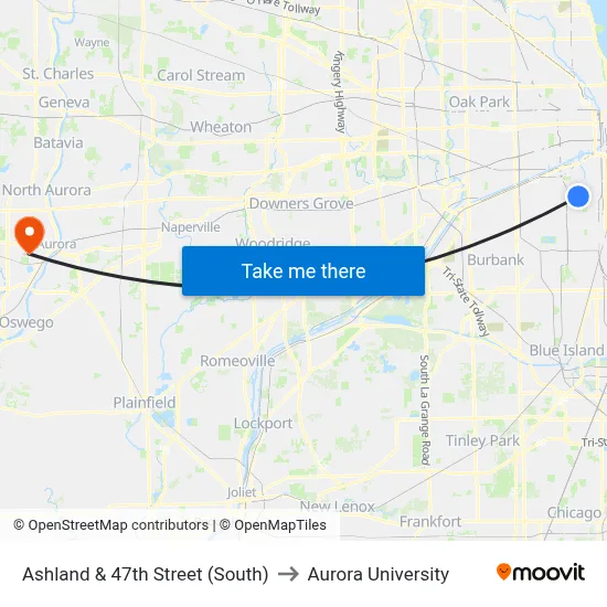 Ashland & 47th Street (South) to Aurora University map