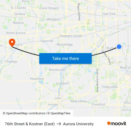 76th Street & Kostner (East) to Aurora University map