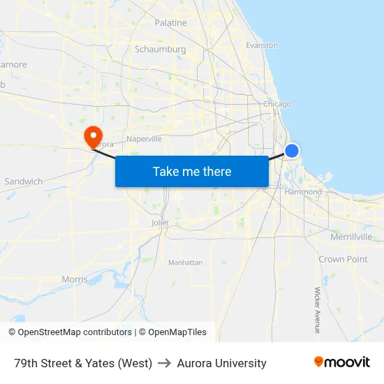 79th Street & Yates (West) to Aurora University map