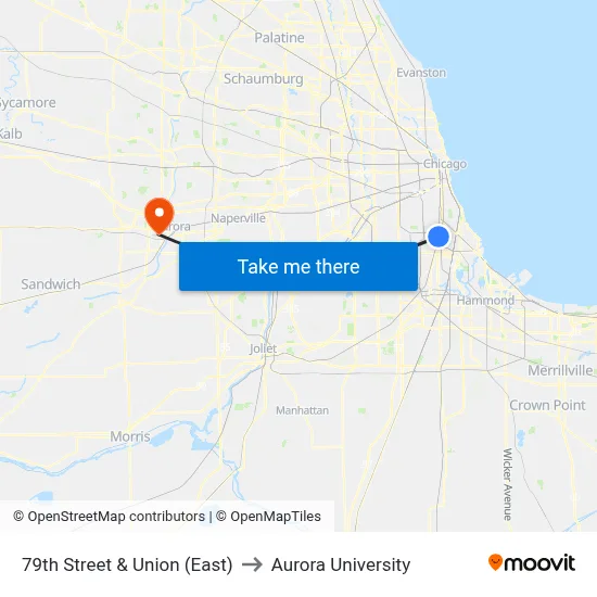 79th Street & Union (East) to Aurora University map