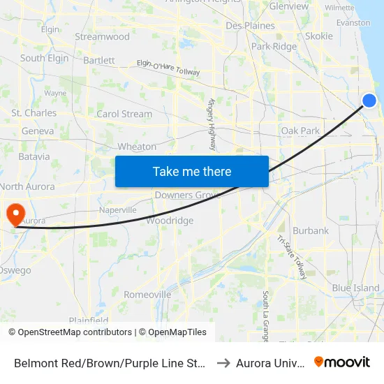 Belmont Red/Brown/Purple Line Station (East) to Aurora University map