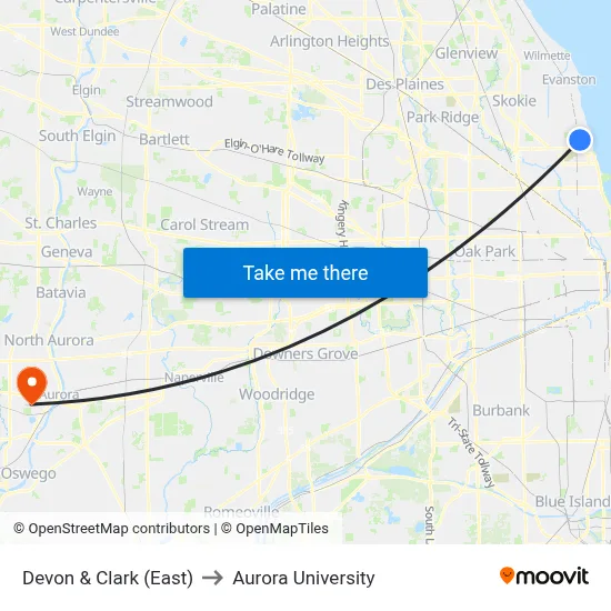 Devon & Clark (East) to Aurora University map
