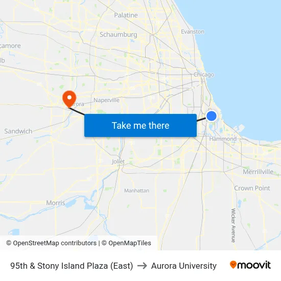 95th & Stony Island Plaza (East) to Aurora University map