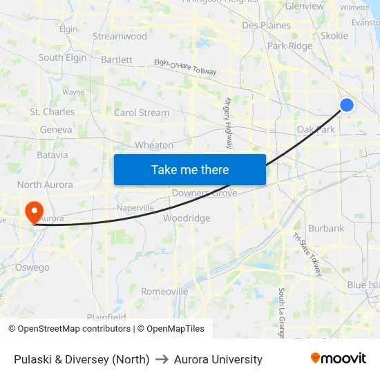 Pulaski & Diversey (North) to Aurora University map