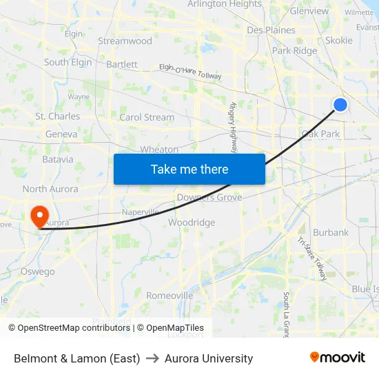 Belmont & Lamon (East) to Aurora University map