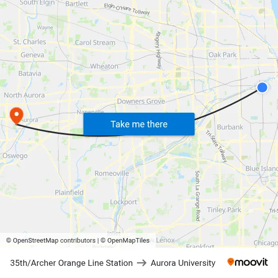 35th/Archer Orange Line Station to Aurora University map