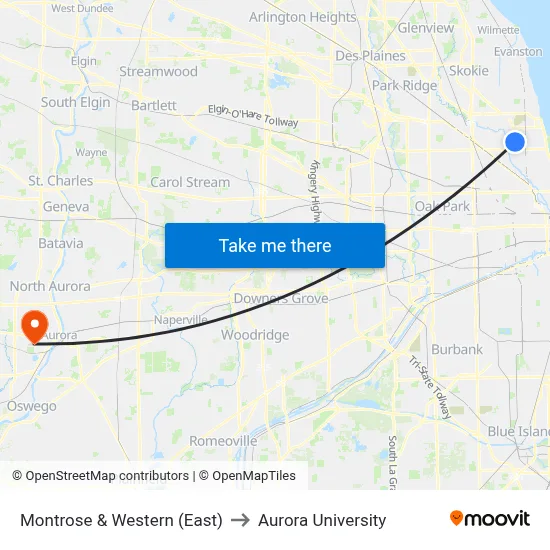 Montrose & Western (East) to Aurora University map