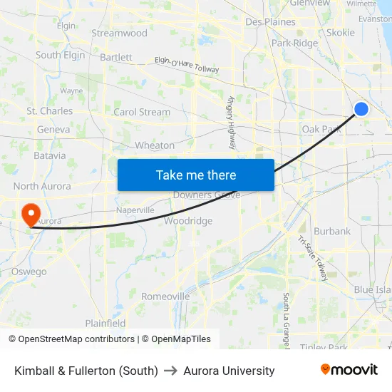 Kimball & Fullerton (South) to Aurora University map