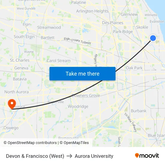 Devon & Francisco (West) to Aurora University map