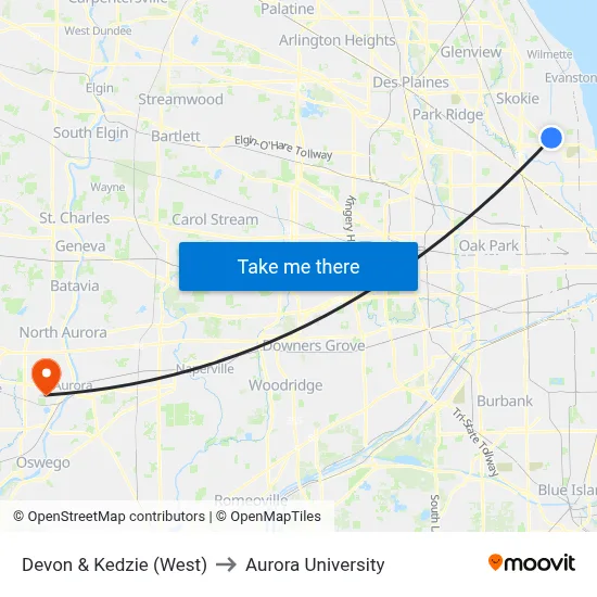 Devon & Kedzie (West) to Aurora University map