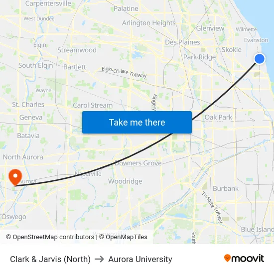 Clark & Jarvis (North) to Aurora University map
