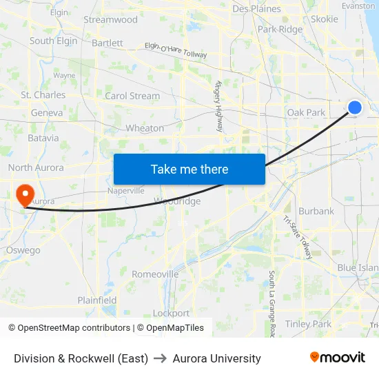 Division & Rockwell (East) to Aurora University map