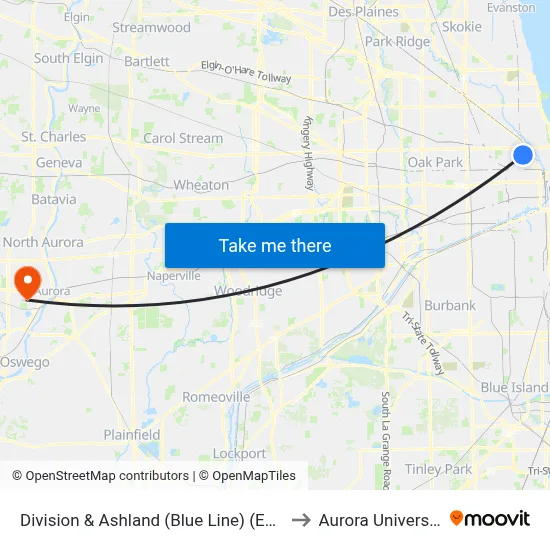 Division & Ashland (Blue Line) (East) to Aurora University map