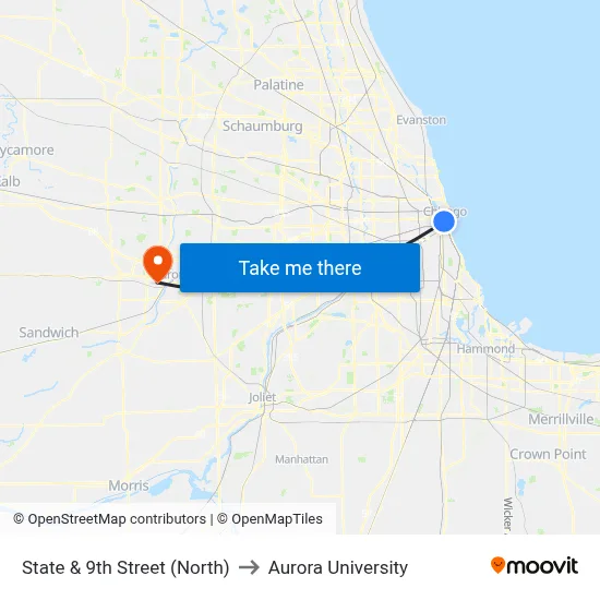 State & 9th Street (North) to Aurora University map