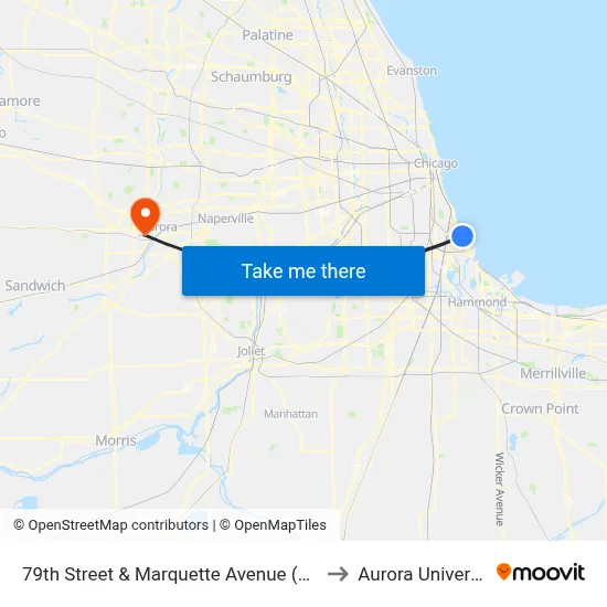79th Street & Marquette Avenue (West) to Aurora University map