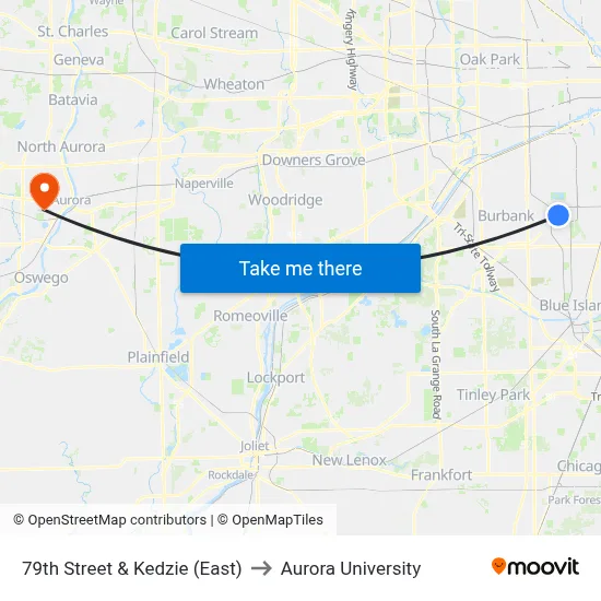 79th Street & Kedzie (East) to Aurora University map